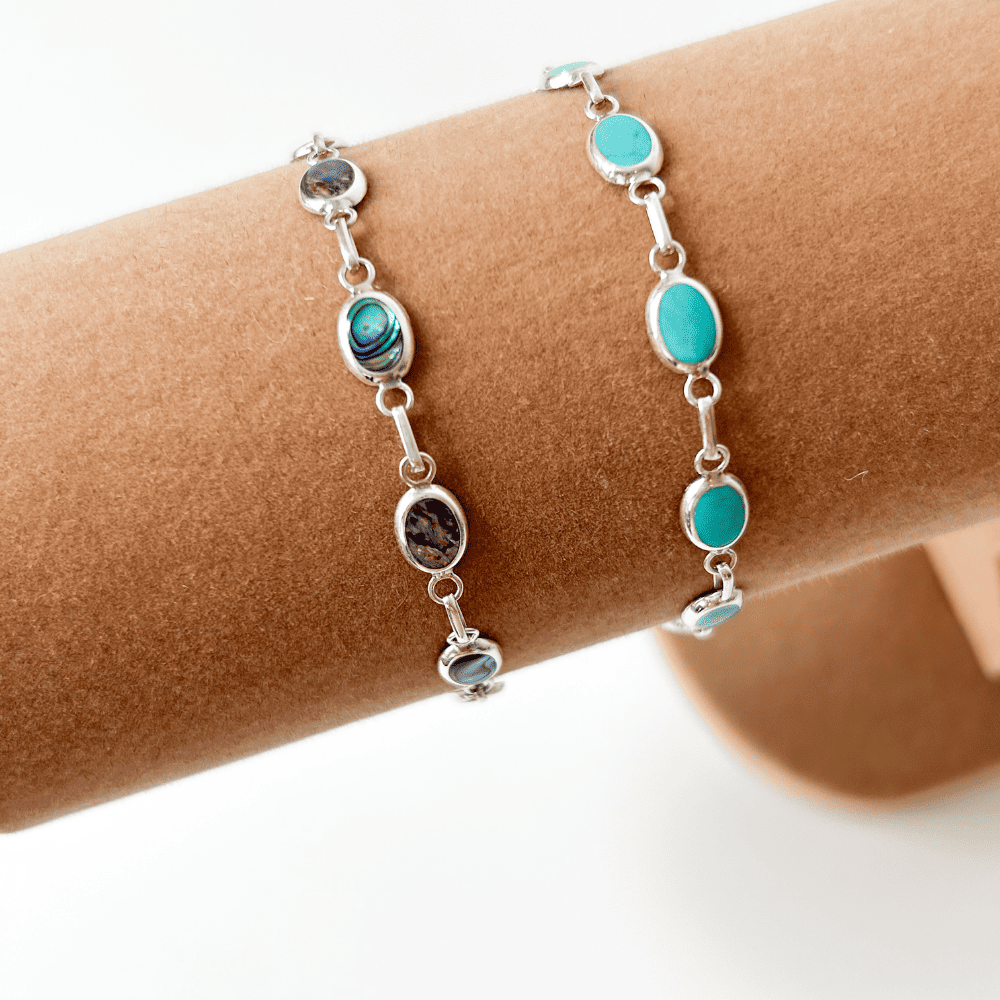 Pulseira em Prata 925 com Pedra Natural — Abalone / Turquesa