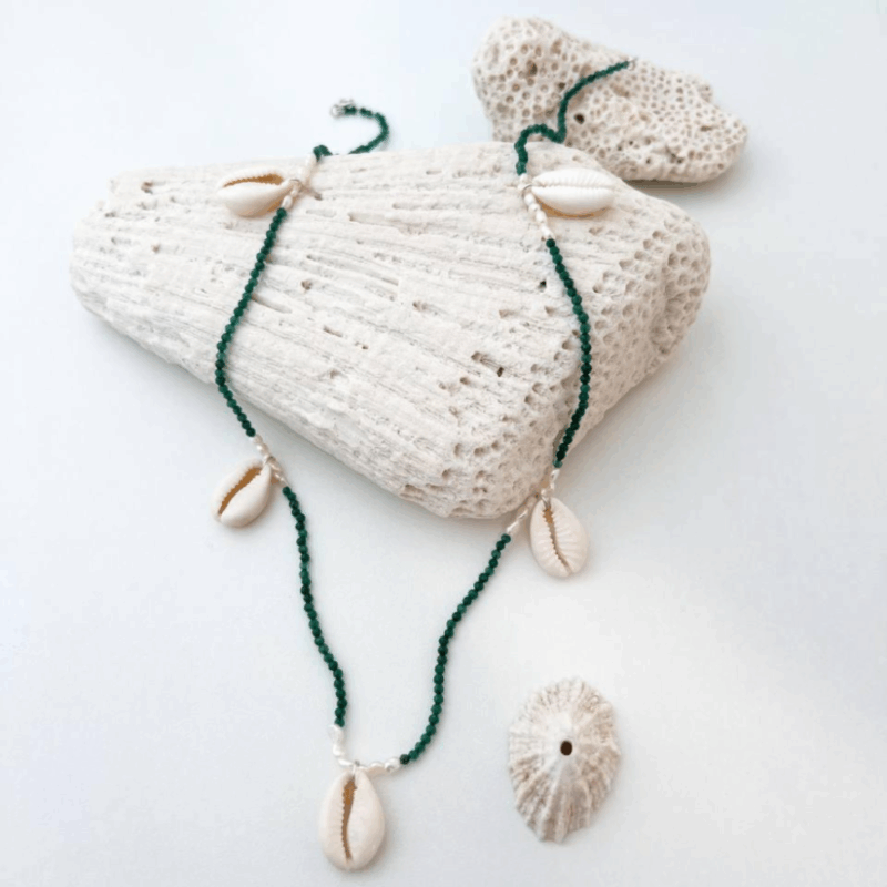 Gargantilha Quartzo Verde com Búzios e Pérolas - Prata 925