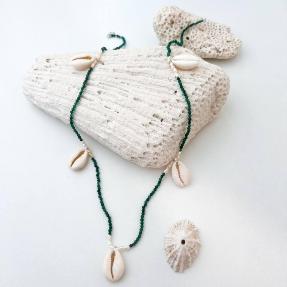 Gargantilha Quartzo Verde com Búzios e Pérolas - Prata 925